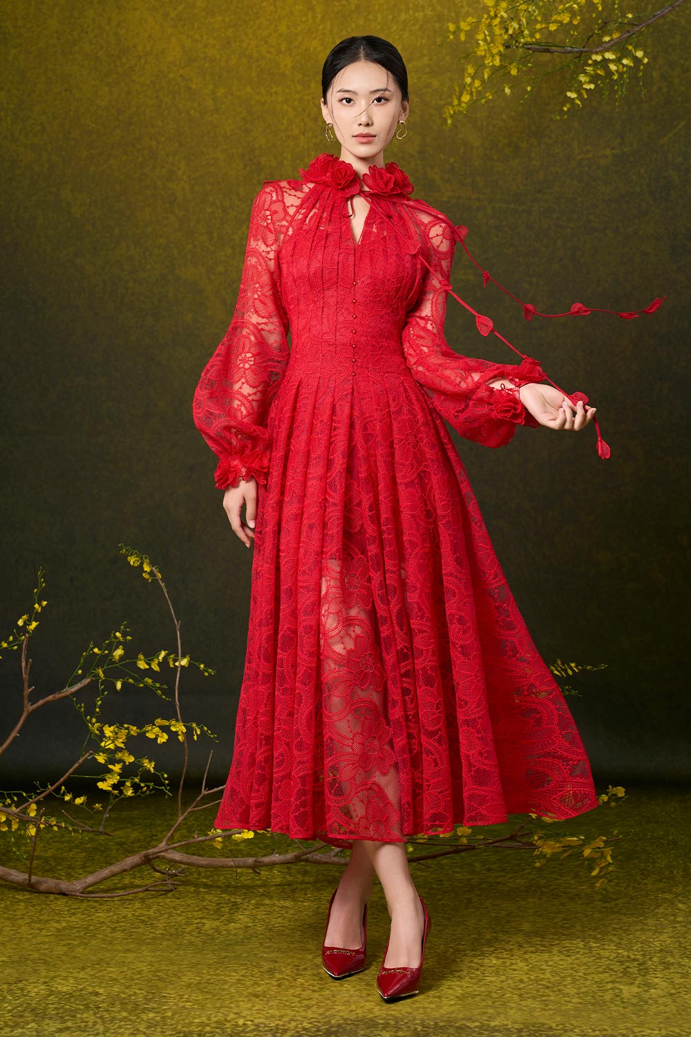 Claire A-line Pleated Lace Midi Dress