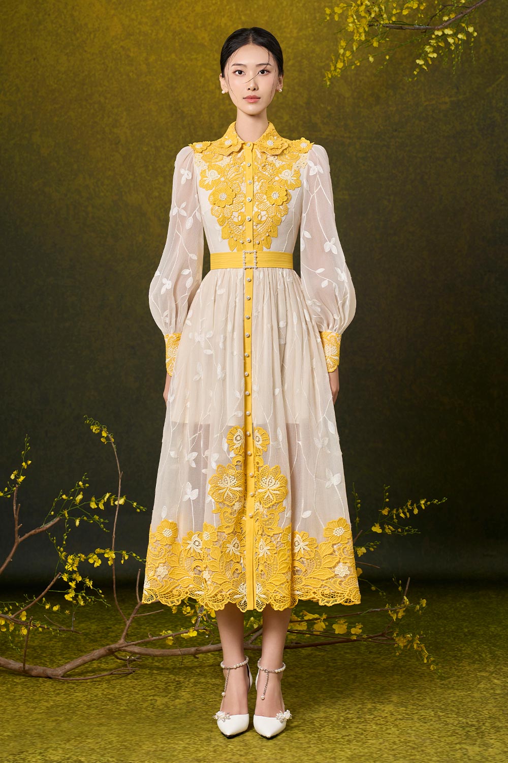 Kimber A-line Bishop Sleeved Silk Lace Midi Dress
