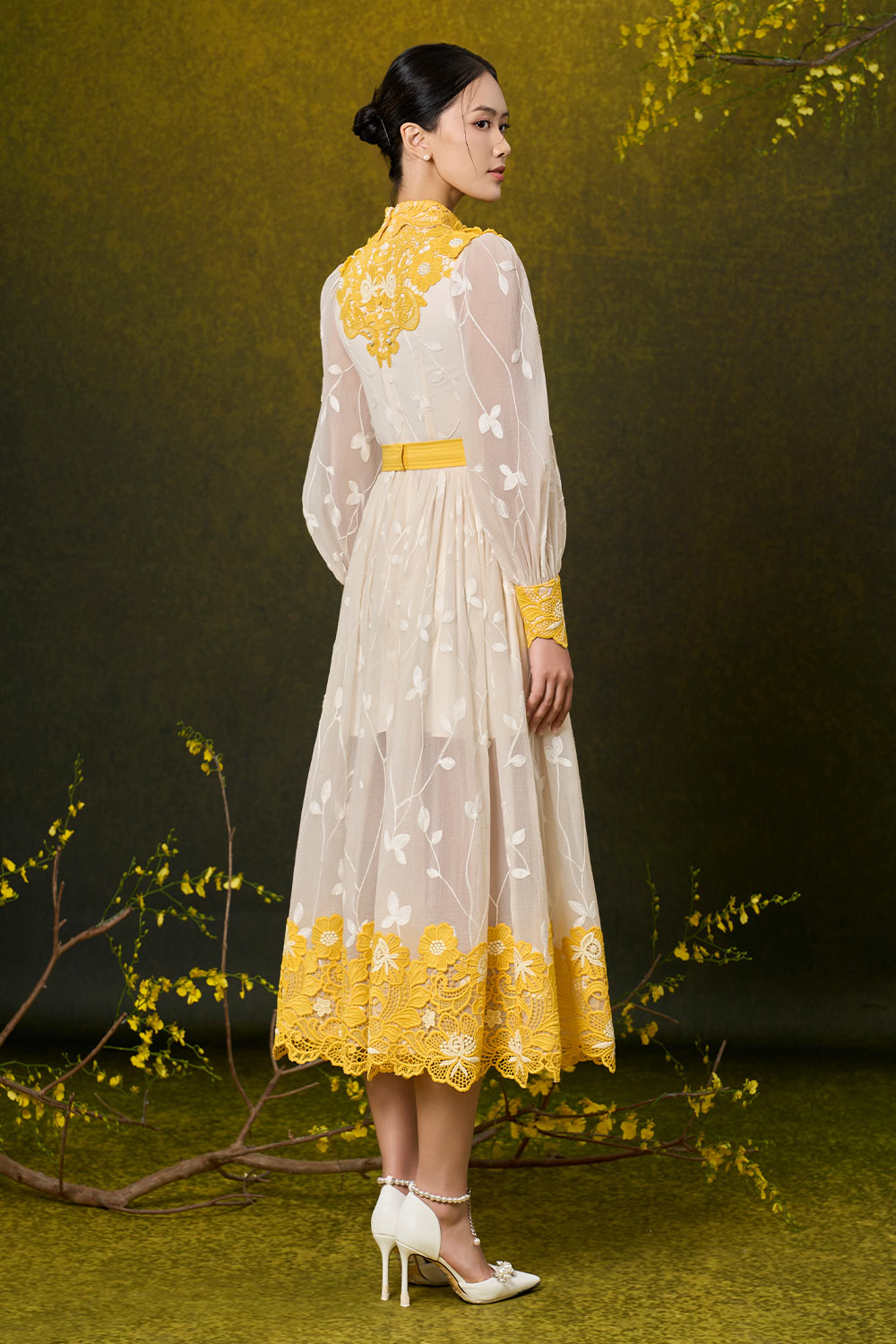 Kimber A-line Bishop Sleeved Silk Lace Midi Dress