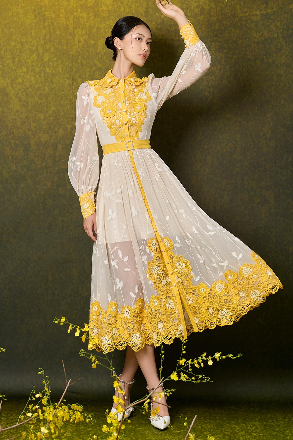 Kimber A-line Bishop Sleeved Silk Lace Midi Dress